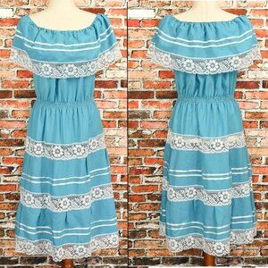 Vintage 70s Blue Handmade Off the Shoulder Mexican Peasant Dress